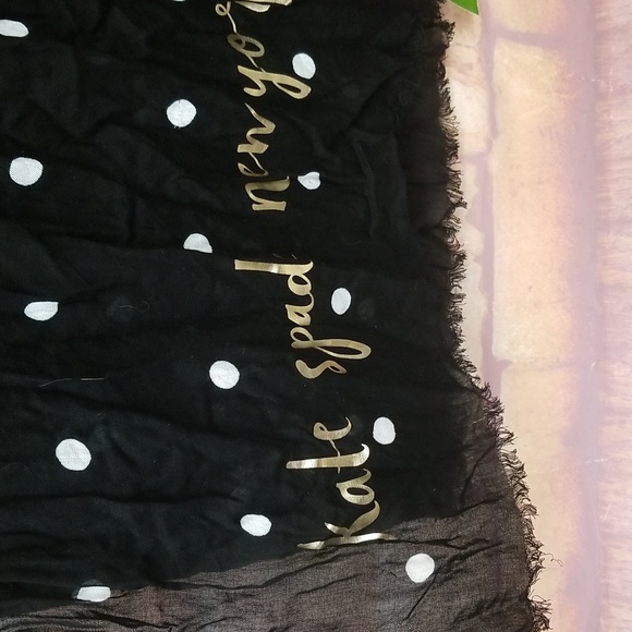 NWT Women's Kate Spade scarf. Color black white dots w/gold lettering. - Picture 2 of 5